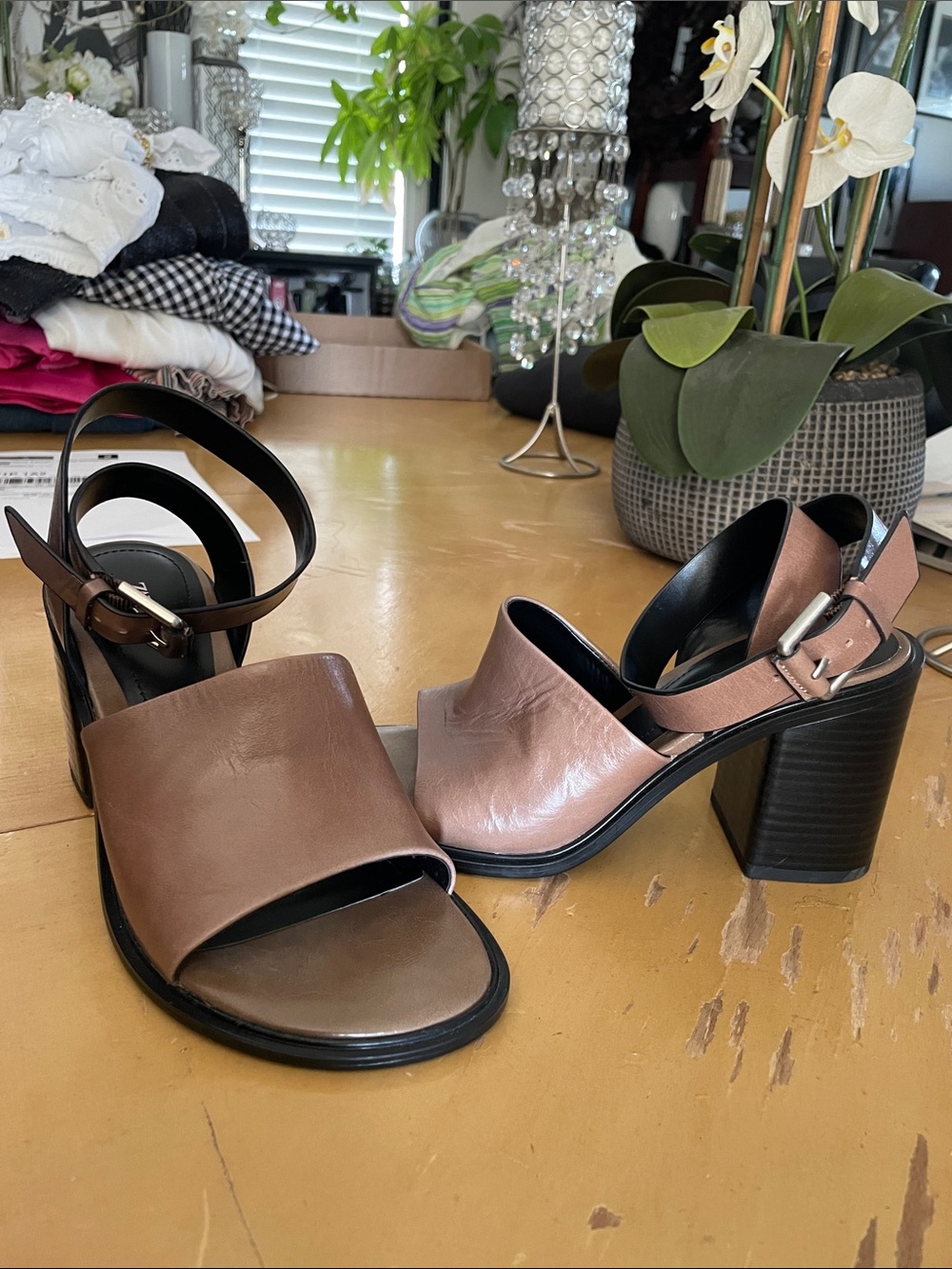 Zara Brown leather Block Heel ankle strap open toe sandals - new